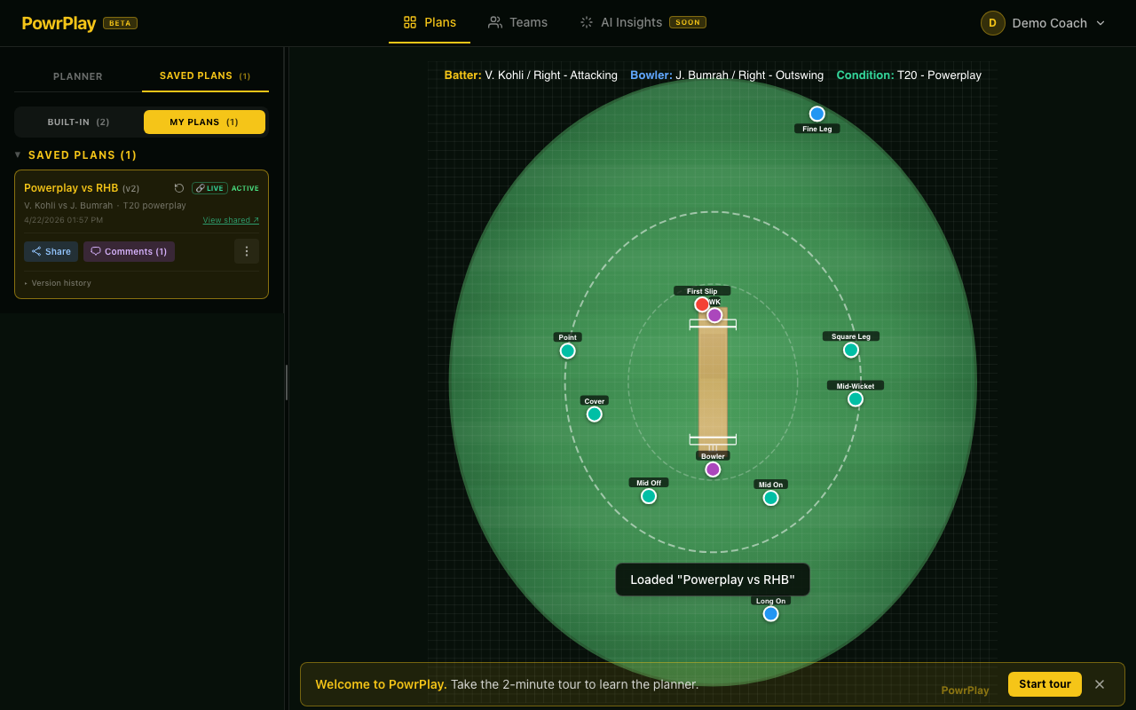 Loaded fielding plan with fielders placed on the cricket field